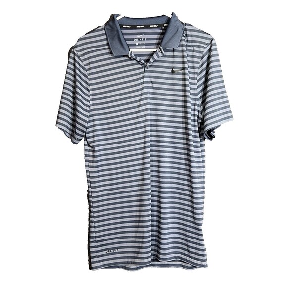 Nike Golf Dri-Fit Polo Shirt Mens Size Small Navy Blue Grey Striped Logo - Picture 2 of 12